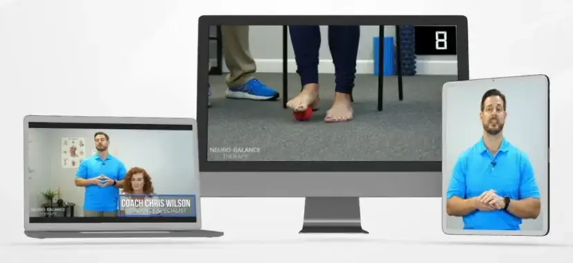 Neuro-Balance Therapy digital program displayed on computer, tablet and laptop showing guided balance exercises
